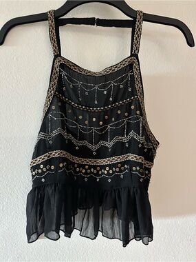 Free People Camille black backless tank top,  small, embroidered, silver beading
